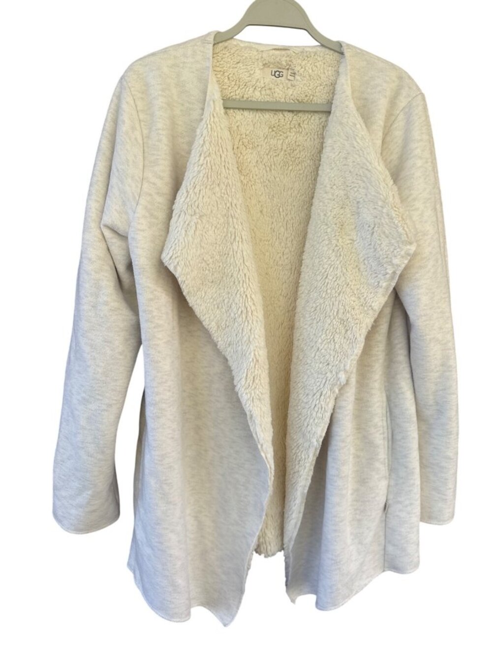 UGG Abriana Fluffy Cream Fleece Lined Shawl Open Front Cardigan Sweater Women L